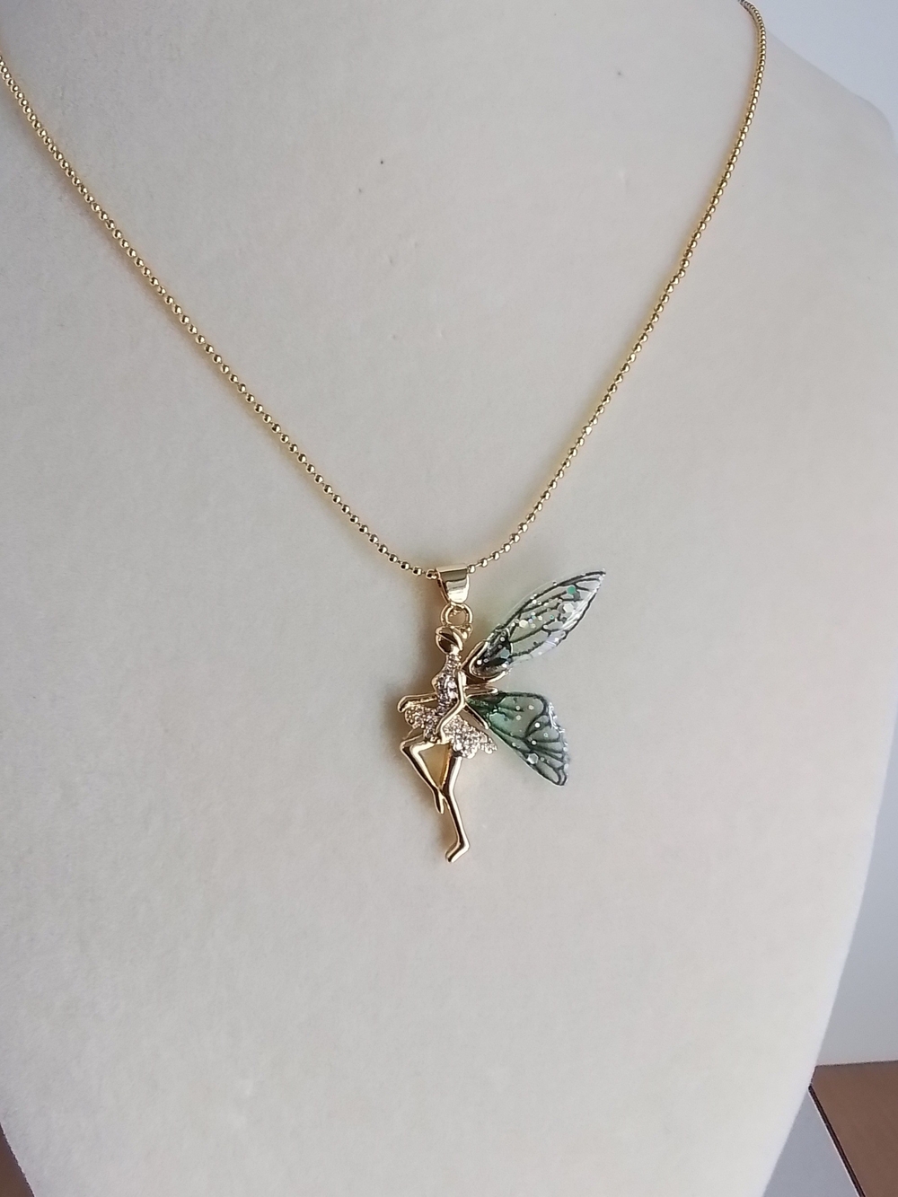 Gold Fairy Pendant Necklace with Sparkly Wings